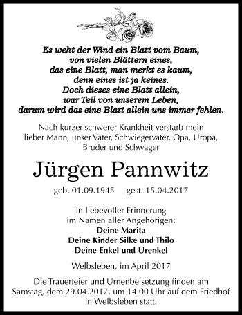 Traueranzeige von Jürgen Pannwitz von Mitteldeutsche Zeitung