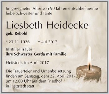 Traueranzeige von Liesbeth Heidecke von Mitteldeutsche Zeitung Mansfelder Land