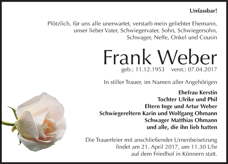  Traueranzeige für Frank Weber vom 12.04.2017 aus Mitteldeutsche Zeitung Bernburg