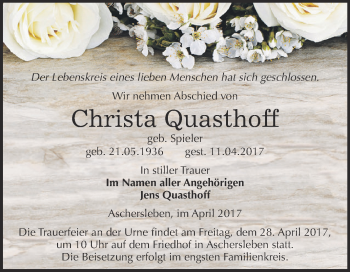 Traueranzeige von Christa Quasthoff von Super Sonntag Aschersleben