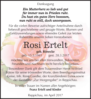 Traueranzeige von Rosi Ertelt von Mitteldeutsche Zeitung Köthen