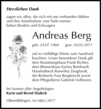 Traueranzeige von Andreas Berg von Mitteldeutsche Zeitung Sangerhausen