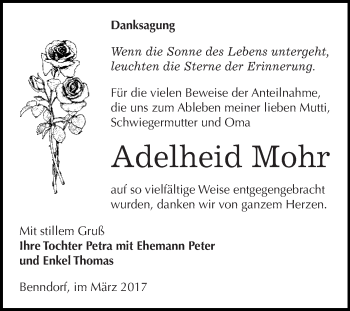 Traueranzeige von Adelheid Mohr von Super Sonntag SGH Mansf. Land