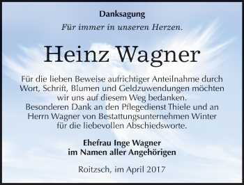 Traueranzeige von Heinz Wagner von Mitteldeutsche Zeitung Bitterfeld