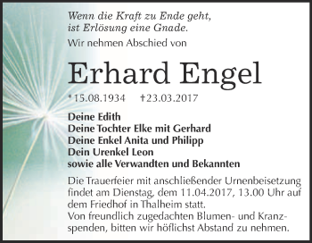 Traueranzeige von Erhard Engel von WVG - Wochenspiegel Bitterfeld