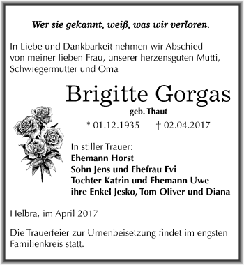 Traueranzeige von Brigitte Gorgas von Mitteldeutsche Zeitung Mansfelder Land