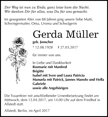 Traueranzeige von Gerda Müller von Mitteldeutsche Zeitung Sangerhausen