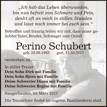 Traueranzeige von Perino Schubert von Super Sonntag SGH Mansf. Land