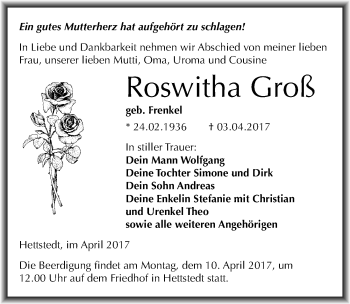 Traueranzeige von Roswitha Groß von Mitteldeutsche Zeitung Mansfelder Land