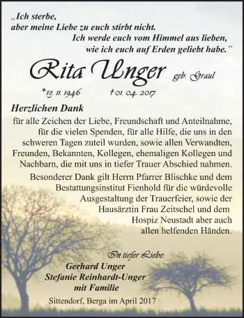 Traueranzeige von Rita Unger von Mitteldeutsche Zeitung Sangerhausen