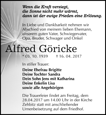 Traueranzeige von Alfred Göricke von Mitteldeutsche Zeitung Köthen