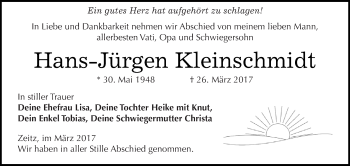 Traueranzeige von Hans-Jürgen Kleinschmidt von Super Sonntag Zeitz