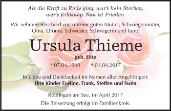 Traueranzeige von Ursula Thieme von Mitteldeutsche Zeitung Mansfelder Land