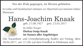 Traueranzeige von Hans-Joachim Knaak von WVG - Wochenspiegel Dessau / Köthen
