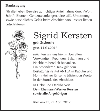 Traueranzeige von Sigrid Kersten von WVG - Wochenspiegel Bitterfeld