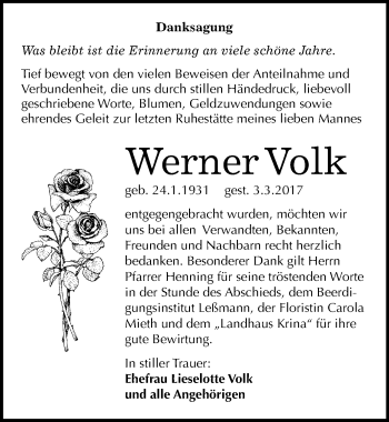 Traueranzeige von Werner Volk von Mitteldeutsche Zeitung Bitterfeld