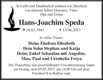 Traueranzeige von Hans-Joachim Speda von WVG - Wochenspiegel Dessau / Köthen