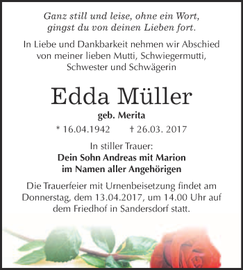 Traueranzeige von Edda Müller von WVG - Wochenspiegel Bitterfeld