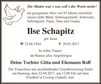 Traueranzeige von Ilse Schapitz von Super Sonntag Wittenberg