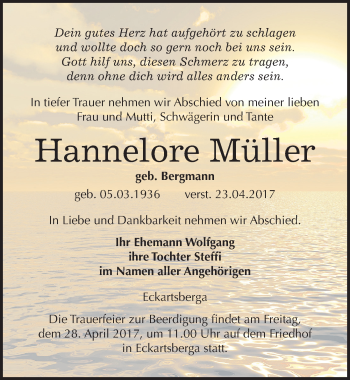 Traueranzeige von Hannelore Müller von Mitteldeutsche Zeitung Naumburg/Nebra