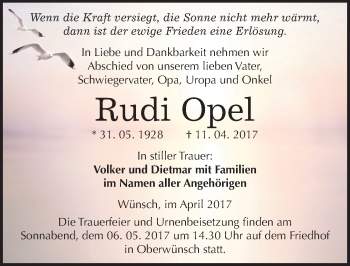 Traueranzeige von Rudi Opel von Mitteldeutsche Zeitung Merseburg/Querfurt