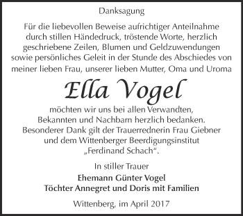 Traueranzeige von Ella Vogel von WVG - Wochenspiegel Wittenberg