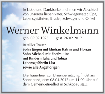 Traueranzeige von Werner Winkelmann von Super Sonntag Halle