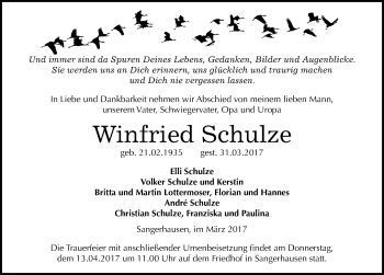 Traueranzeige von Winfried Schulze von Mitteldeutsche Zeitung Sangerhausen
