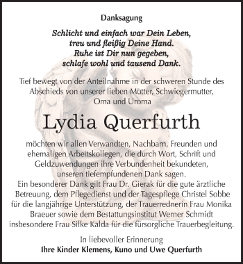 Traueranzeige von Lydia Querfurth von Mitteldeutsche Zeitung Quedlinburg