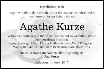 Traueranzeige von Agathe Kurze von Super Sonntag SGH Mansf. Land