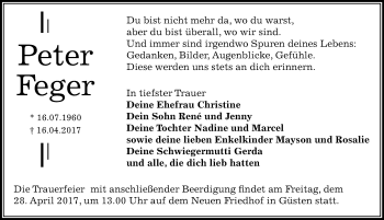 Traueranzeige von Peter Feger von Mitteldeutsche Zeitung Bernburg