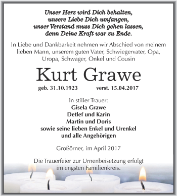 Traueranzeige von Kurt Grawe von Wochenspiegel Mansfelder Land