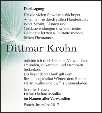 Traueranzeige von Dittmar Krohn von WVG - Wochenspiegel Bitterfeld