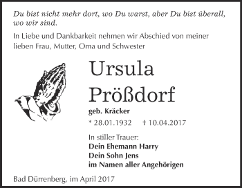 Traueranzeige von Ursula Prößdorf von Super Sonntag Merseburg