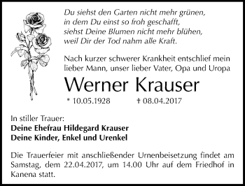 Traueranzeige von Werner Krauser von Mitteldeutsche Zeitung Halle/Saalkreis
