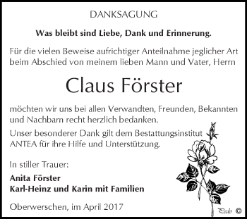 Traueranzeige von Claus Förster von WVG - Wochenspiegel NMB / WSF / ZTZ