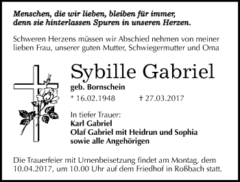 Traueranzeige von Sybille Gabriel von Mitteldeutsche Zeitung Naumburg/Nebra