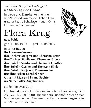 Traueranzeige von Flora Krug von Mitteldeutsche Zeitung Weißenfels