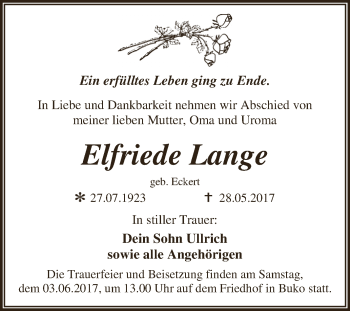Traueranzeige von Elfriede Lange von WVG - Wochenspiegel Dessau / Köthen