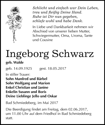Traueranzeige von Ingeborg Schwarz von Mitteldeutsche Zeitung Wittenberg