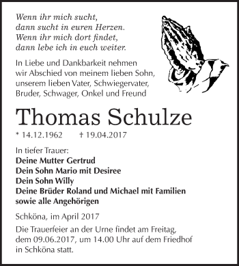 Traueranzeige von Thomas Schulze von WVG - Wochenspiegel Wittenberg