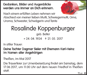 Traueranzeige von Rosalinde Koppenburger von Mitteldeutsche Zeitung Zeitz