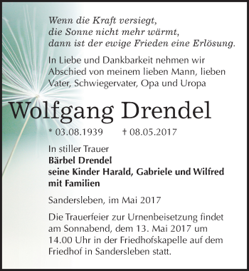 Traueranzeige von Wolfgang Drendel von Mitteldeutsche Zeitung Mansfelder Land