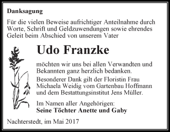 Traueranzeige von Udo Franzke von Super Sonntag Aschersleben