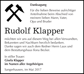Traueranzeige von Rudolf Klapper von Super Sonntag SGH Mansf. Land