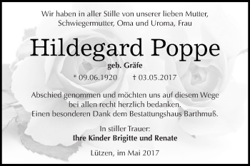 Traueranzeige von Hildegard Poppe von WVG - Wochenspiegel NMB / WSF / ZTZ