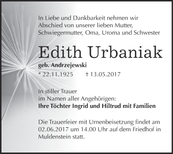 Traueranzeige von Edith Urbaniak von WVG - Wochenspiegel Bitterfeld