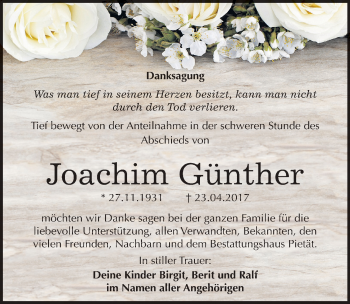 Traueranzeige von Joachim Günther von Mitteldeutsche Zeitung Bitterfeld