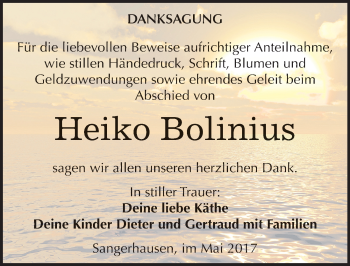 Traueranzeige von Heiko Bolinius von Mitteldeutsche Zeitung Sangerhausen