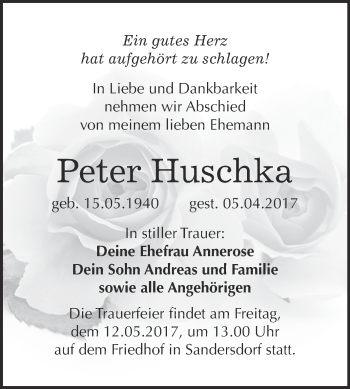 Traueranzeige von Peter Huschka von WVG - Wochenspiegel Bitterfeld